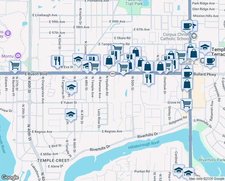 map of restaurants, bars, coffee shops, grocery stores, and more near 8722 Busch Oaks Street in Tampa