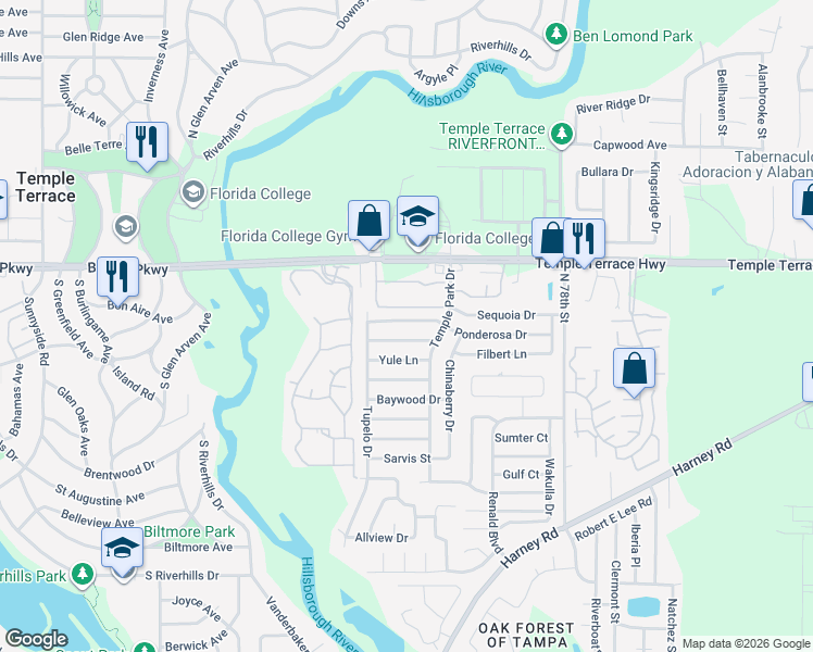 map of restaurants, bars, coffee shops, grocery stores, and more near 7015 Ponderosa Drive in Tampa