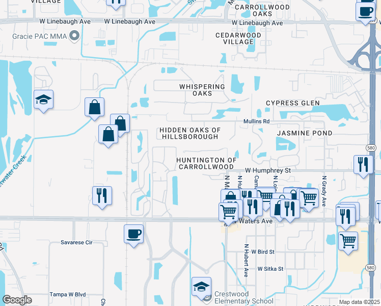 map of restaurants, bars, coffee shops, grocery stores, and more near 4468 Amberly Oaks Court in Tampa