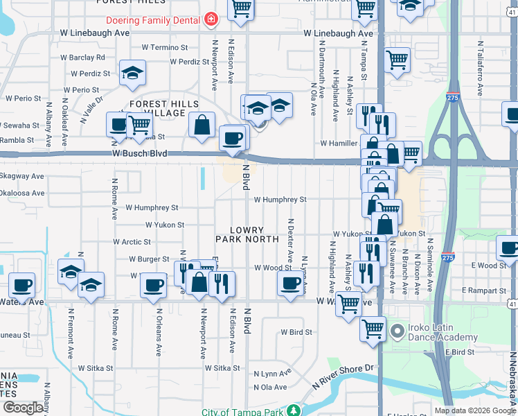 map of restaurants, bars, coffee shops, grocery stores, and more near 8720 North Hamner Avenue in Tampa