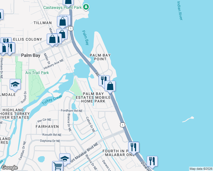map of restaurants, bars, coffee shops, grocery stores, and more near 4435 Dixie Highway Northeast in Palm Bay
