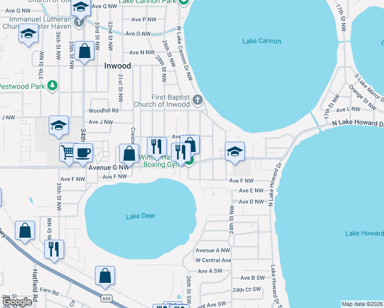 map of restaurants, bars, coffee shops, grocery stores, and more near 730 26th Street Northwest in Winter Haven