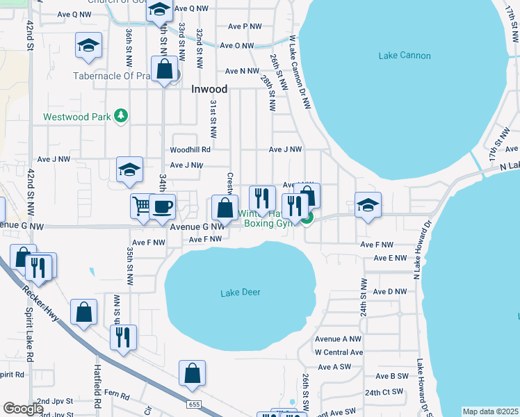map of restaurants, bars, coffee shops, grocery stores, and more near 708 29th Street Northwest in Winter Haven