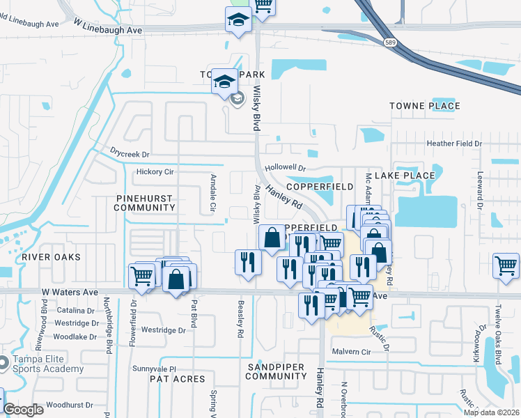 map of restaurants, bars, coffee shops, grocery stores, and more near 8920 Metheny Circle in Tampa