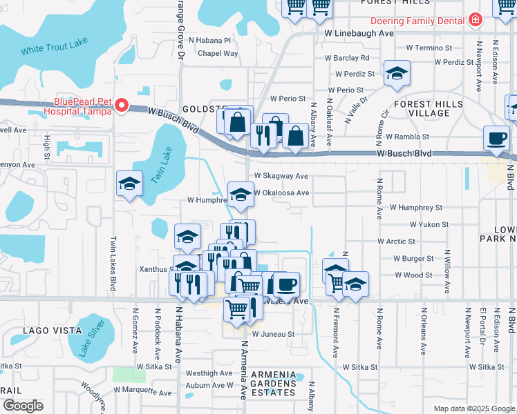 map of restaurants, bars, coffee shops, grocery stores, and more near 8711 Redwood Court in Tampa