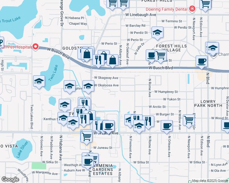 map of restaurants, bars, coffee shops, grocery stores, and more near 8844 Crestview Drive in Tampa