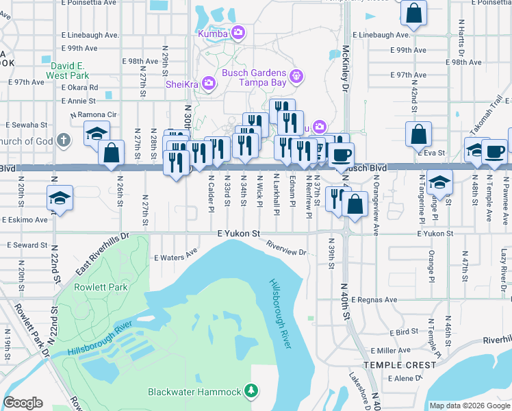map of restaurants, bars, coffee shops, grocery stores, and more near 8722 North Wick Place in Tampa
