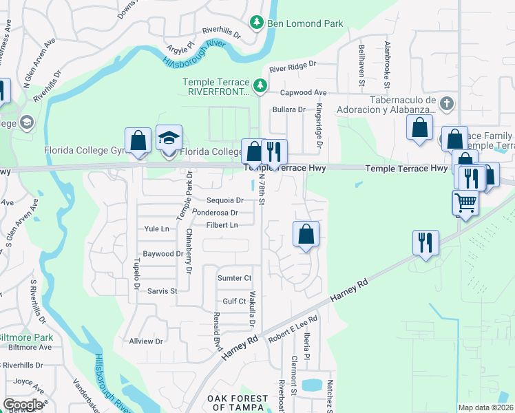 map of restaurants, bars, coffee shops, grocery stores, and more near 7337 Sequoia Drive in Tampa