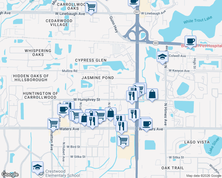 map of restaurants, bars, coffee shops, grocery stores, and more near 8710 Carroll Palm Place in Tampa