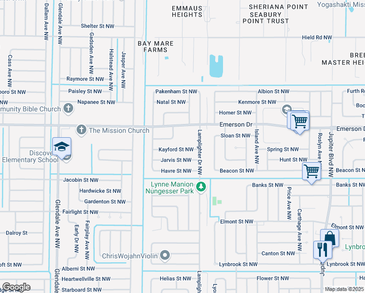 map of restaurants, bars, coffee shops, grocery stores, and more near 1333 Kayford Street Northwest in Palm Bay