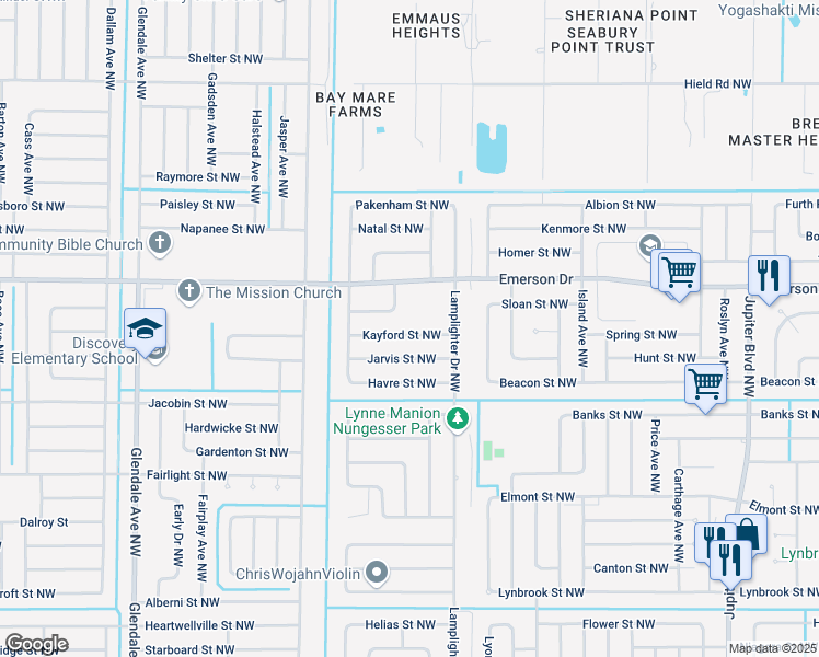 map of restaurants, bars, coffee shops, grocery stores, and more near 1333 Kayford Street Northwest in Palm Bay
