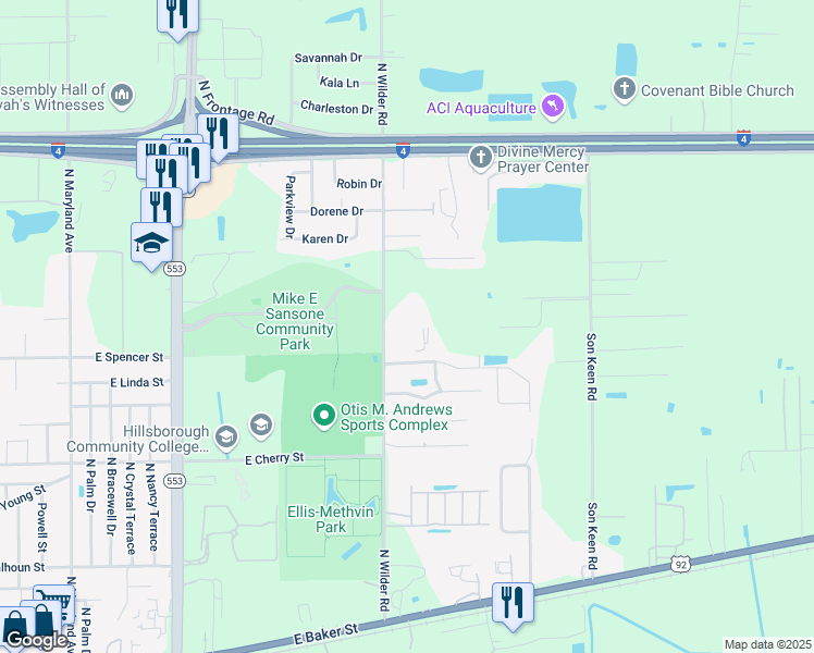 map of restaurants, bars, coffee shops, grocery stores, and more near 701 North Wilder Road in Plant City