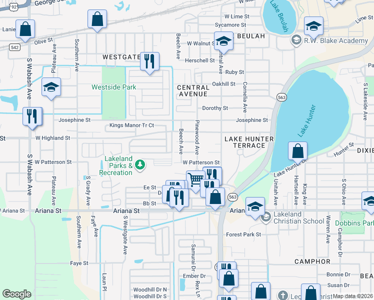 map of restaurants, bars, coffee shops, grocery stores, and more near 1327 Hunter Street in Lakeland