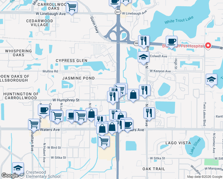 map of restaurants, bars, coffee shops, grocery stores, and more near 8609 Huron Court in Tampa