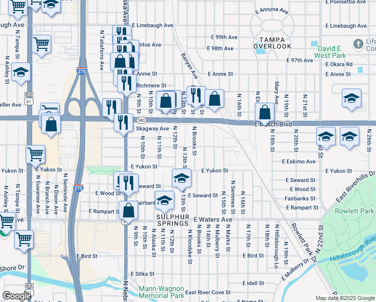 map of restaurants, bars, coffee shops, grocery stores, and more near 8723 North 13th Street in Tampa