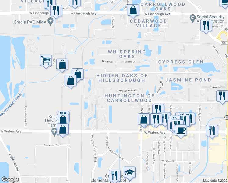 map of restaurants, bars, coffee shops, grocery stores, and more near 4561 Amberly Oaks Court in Tampa