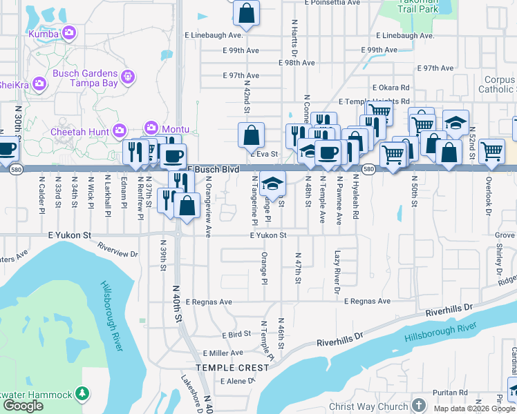 map of restaurants, bars, coffee shops, grocery stores, and more near 8723 North Tangerine Place in Tampa