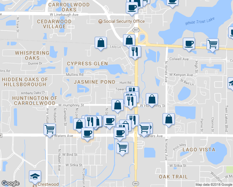 map of restaurants, bars, coffee shops, grocery stores, and more near 3832 North Lake Drive in Tampa