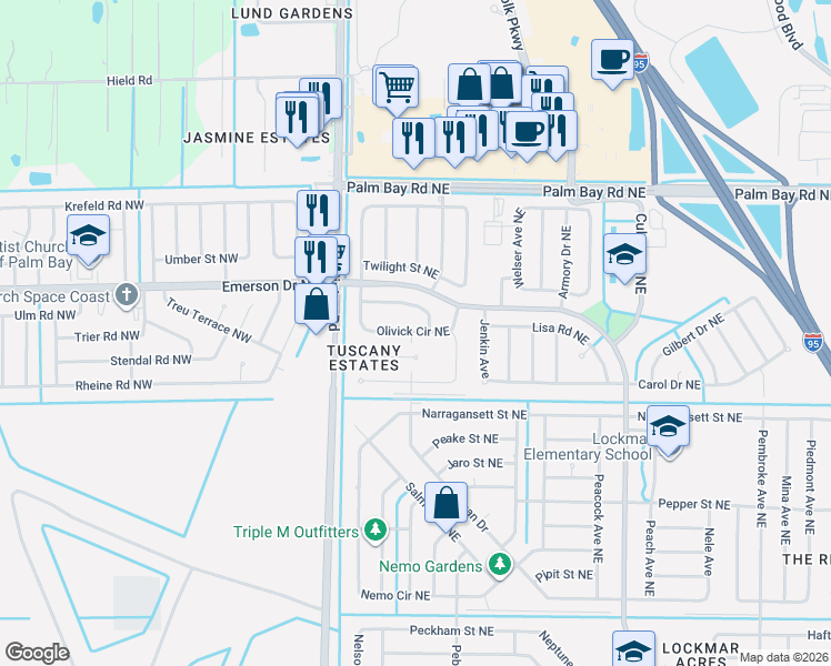 map of restaurants, bars, coffee shops, grocery stores, and more near 206 Melody Avenue in Palm Bay