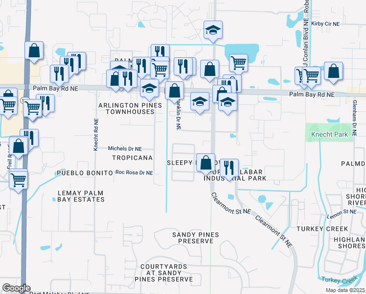 map of restaurants, bars, coffee shops, grocery stores, and more near 2140 Tarrytown Lane Northeast in Palm Bay