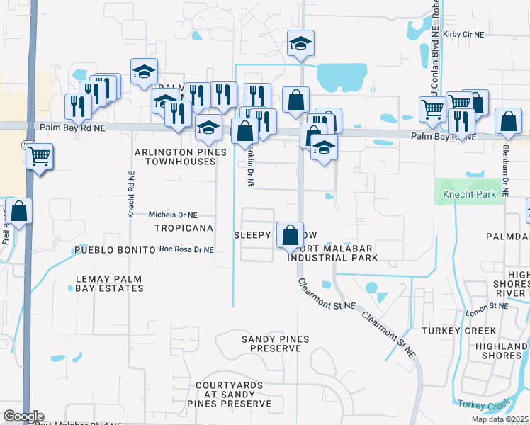 map of restaurants, bars, coffee shops, grocery stores, and more near 2168 Tarrytown Lane Northeast in Palm Bay