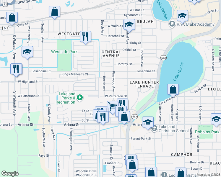 map of restaurants, bars, coffee shops, grocery stores, and more near 1327 Hunter Street in Lakeland