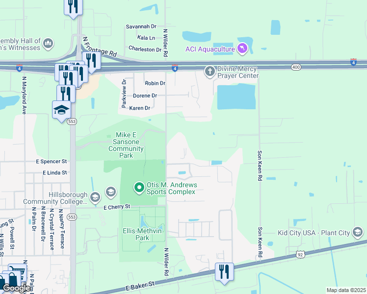 map of restaurants, bars, coffee shops, grocery stores, and more near 701 North Wilder Road in Plant City