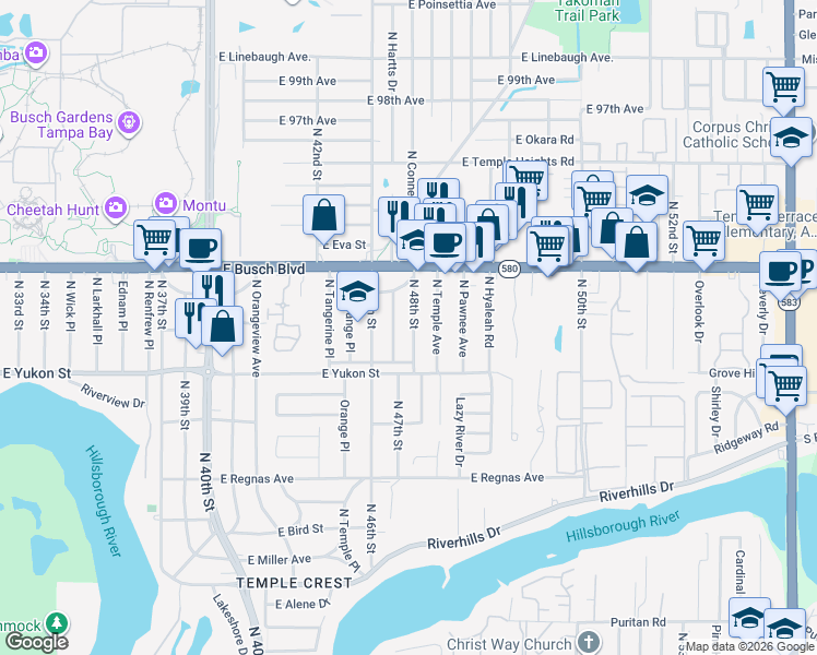 map of restaurants, bars, coffee shops, grocery stores, and more near 8722A North 48th Street in Tampa