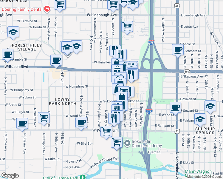 map of restaurants, bars, coffee shops, grocery stores, and more near 8723 North Ashley Street in Tampa