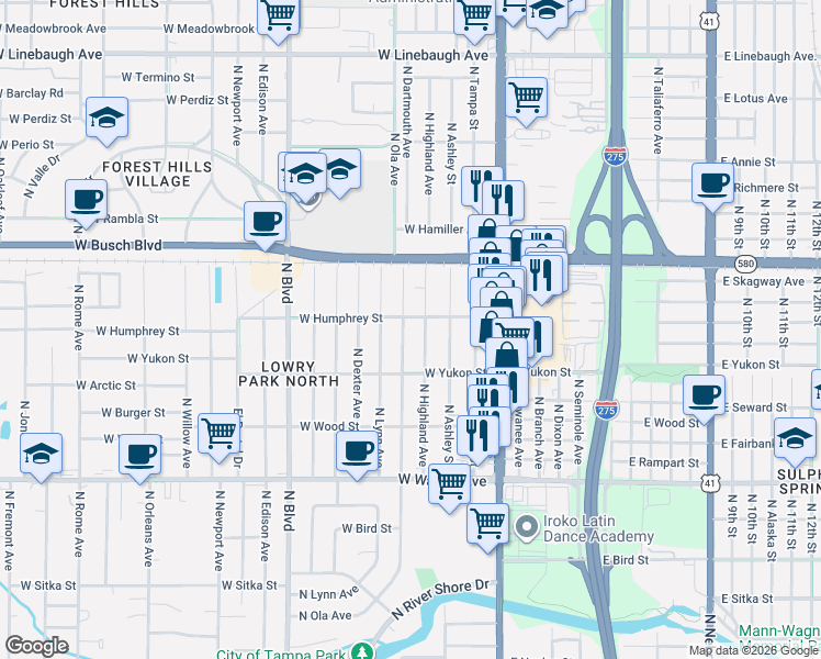 map of restaurants, bars, coffee shops, grocery stores, and more near 8722 North Highland Avenue in Tampa
