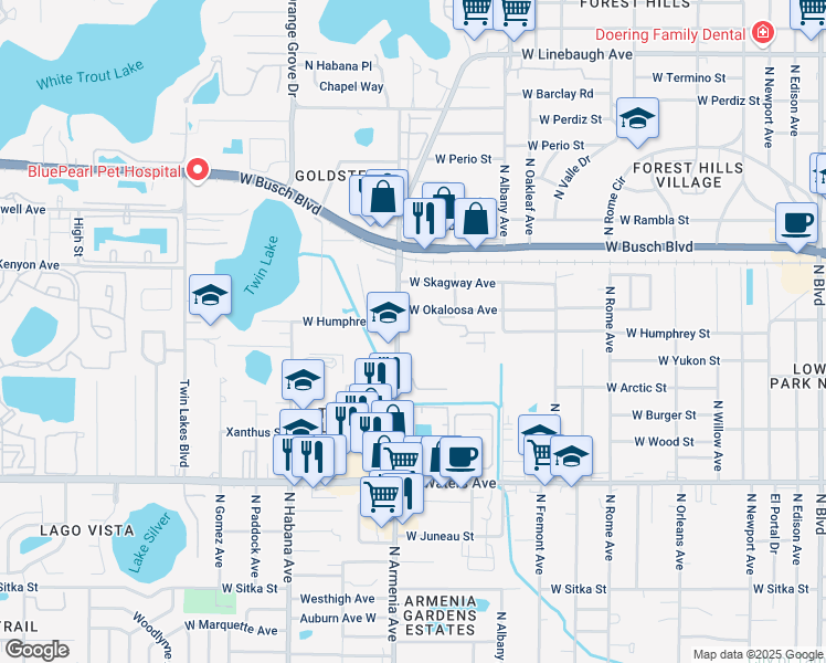 map of restaurants, bars, coffee shops, grocery stores, and more near 8711 Redwood Court in Tampa