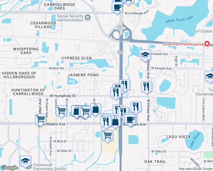 map of restaurants, bars, coffee shops, grocery stores, and more near 3832 North Lake Drive in Tampa
