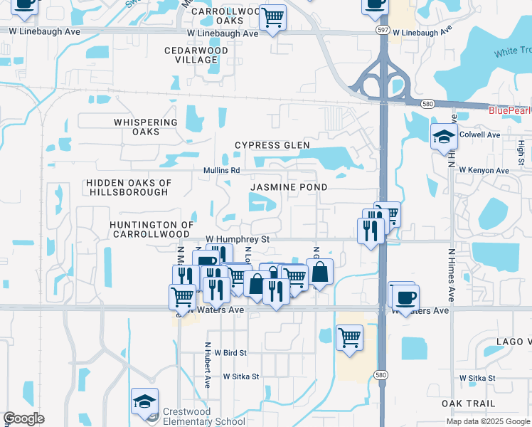 map of restaurants, bars, coffee shops, grocery stores, and more near 8642 Mallard Reserve Drive in Tampa