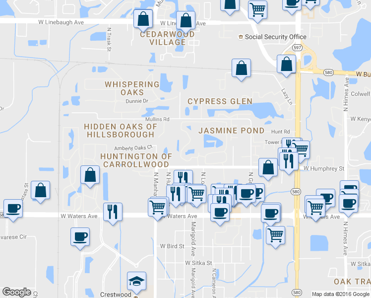 map of restaurants, bars, coffee shops, grocery stores, and more near 8647 Fancy Finch Drive in Tampa