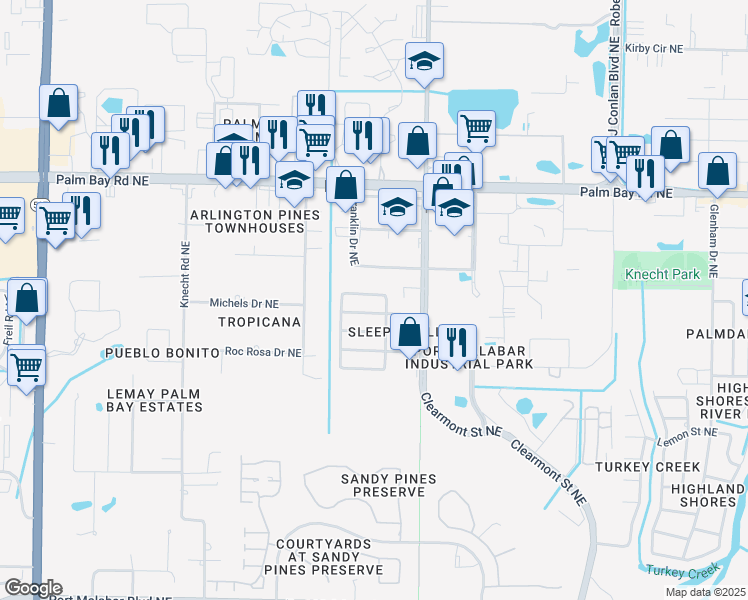 map of restaurants, bars, coffee shops, grocery stores, and more near 1287 Van Tassell Trail Northeast in Palm Bay