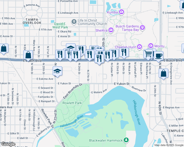 map of restaurants, bars, coffee shops, grocery stores, and more near 8713 North Linda Court in Tampa