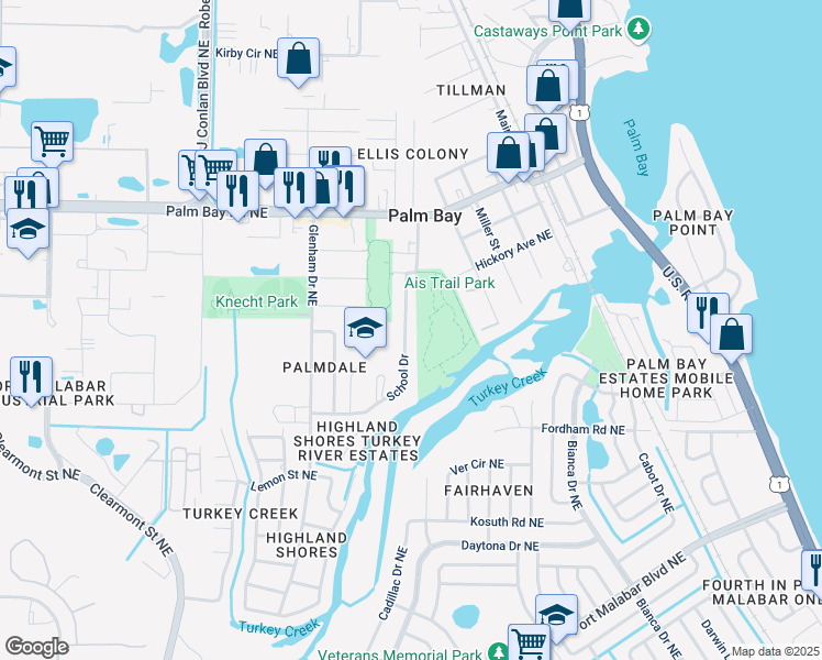 map of restaurants, bars, coffee shops, grocery stores, and more near 2786 School Drive in Palm Bay