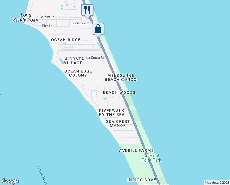 map of restaurants, bars, coffee shops, grocery stores, and more near 3222 Beach View Way in Melbourne Beach