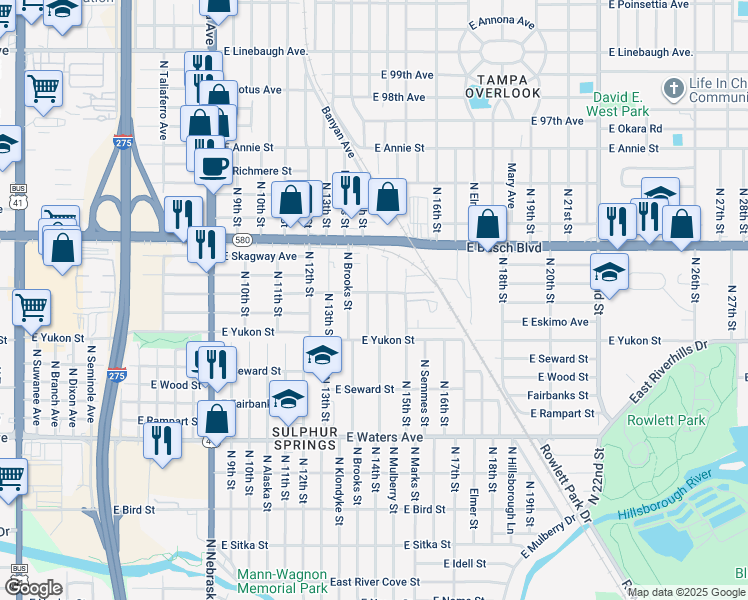 map of restaurants, bars, coffee shops, grocery stores, and more near 8621 North 14th Street in Tampa