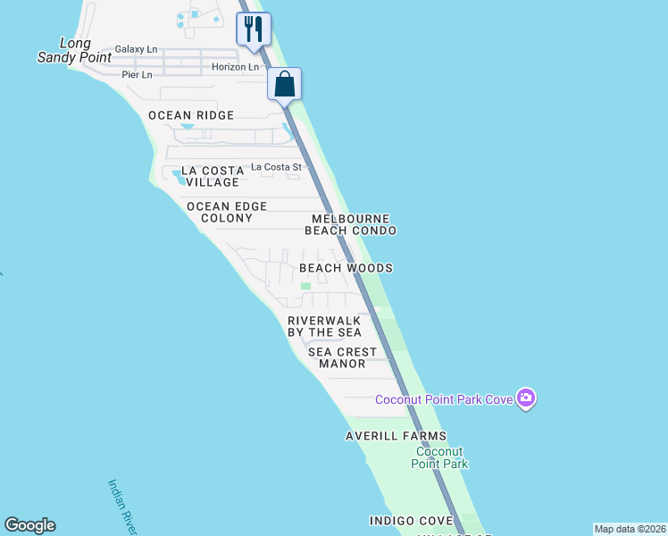 map of restaurants, bars, coffee shops, grocery stores, and more near 3222 Beach View Way in Melbourne Beach