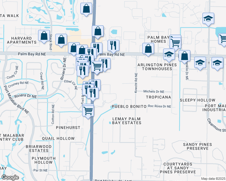 map of restaurants, bars, coffee shops, grocery stores, and more near 1618 Palm Place Drive Northeast in Palm Bay