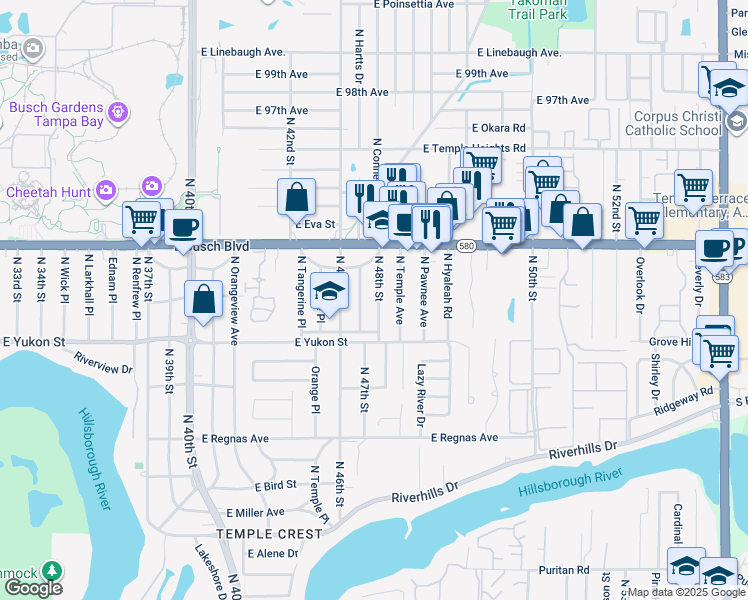 map of restaurants, bars, coffee shops, grocery stores, and more near 8722A North 48th Street in Tampa