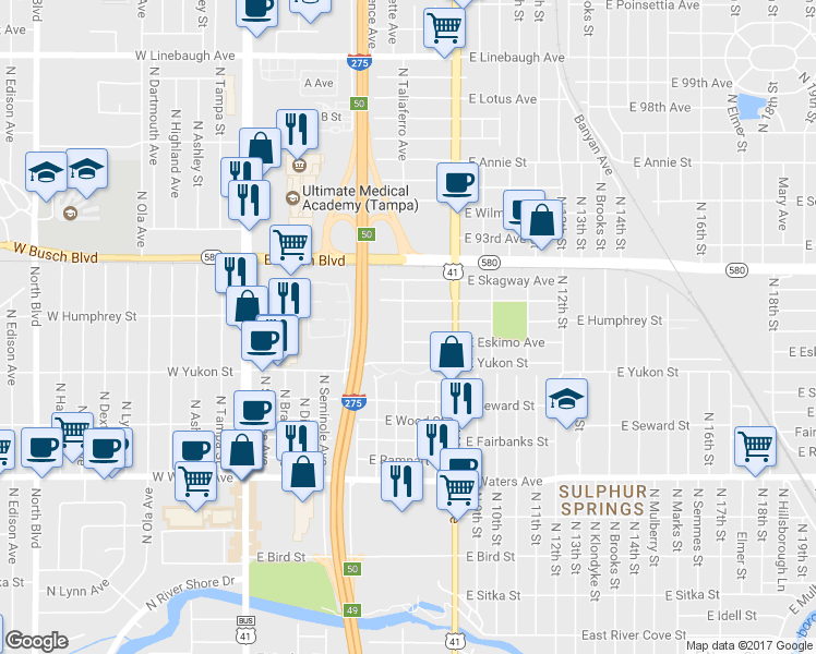 map of restaurants, bars, coffee shops, grocery stores, and more near 701 East Humphrey Street in Tampa