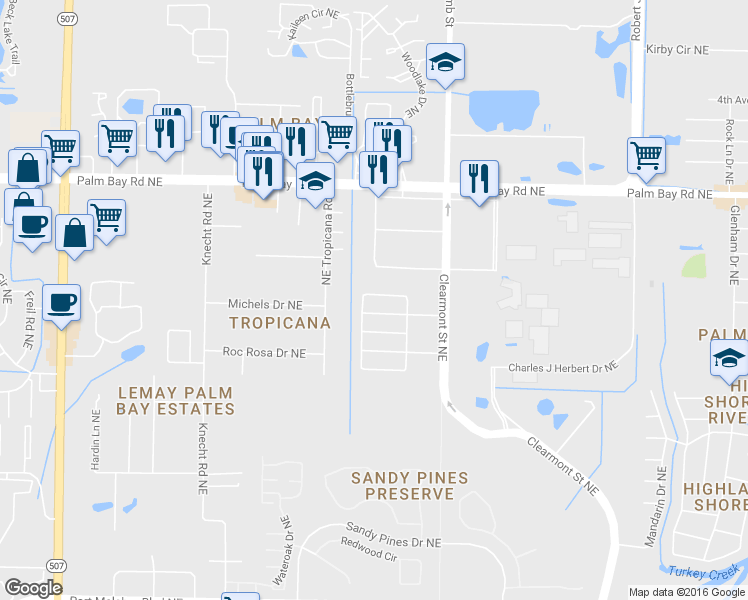 map of restaurants, bars, coffee shops, grocery stores, and more near 2114 Tarrytown Lane Northeast in Palm Bay