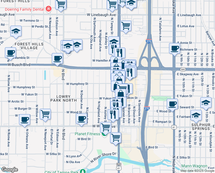 map of restaurants, bars, coffee shops, grocery stores, and more near 8723 North Ashley Street in Tampa