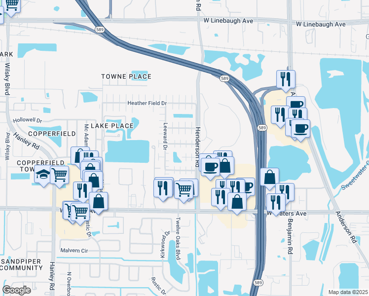 map of restaurants, bars, coffee shops, grocery stores, and more near 8704 Cordial Court in Tampa