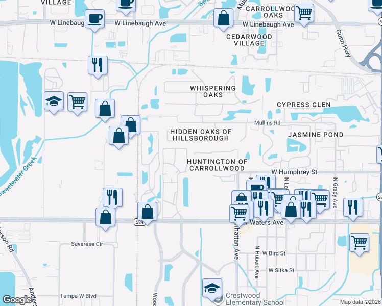map of restaurants, bars, coffee shops, grocery stores, and more near 4559 Amberly Oaks Court in Tampa