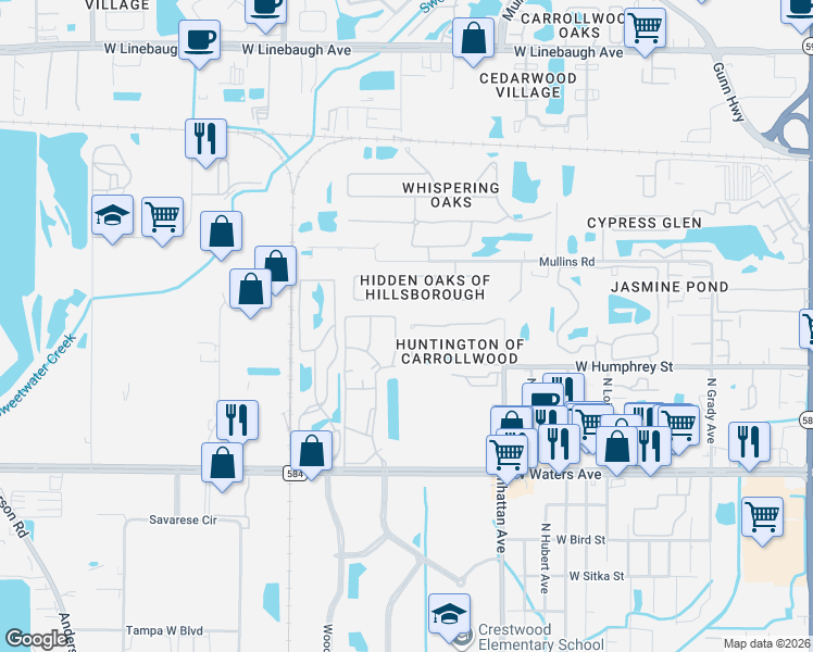 map of restaurants, bars, coffee shops, grocery stores, and more near 4559 Amberly Oaks Court in Tampa
