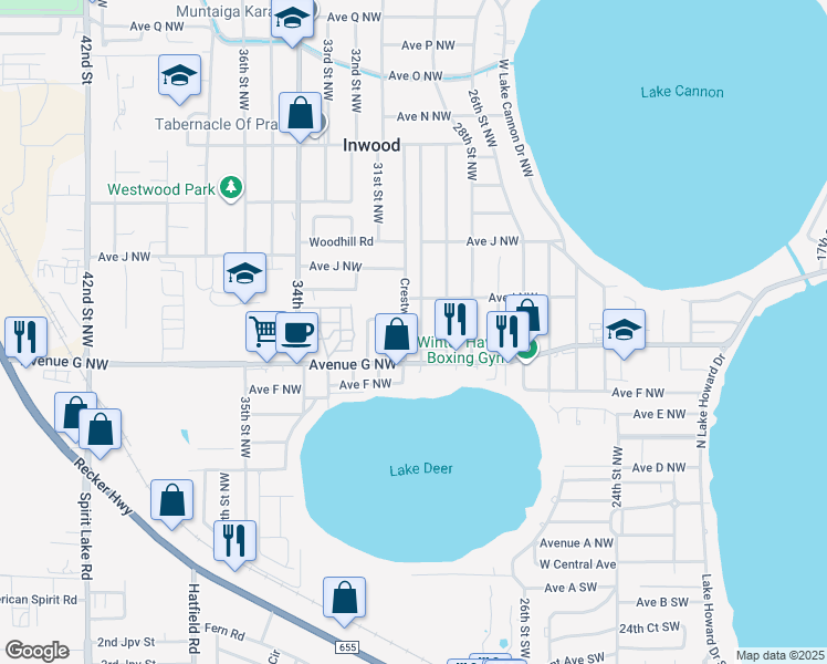 map of restaurants, bars, coffee shops, grocery stores, and more near 730 Crestwood Drive in Winter Haven
