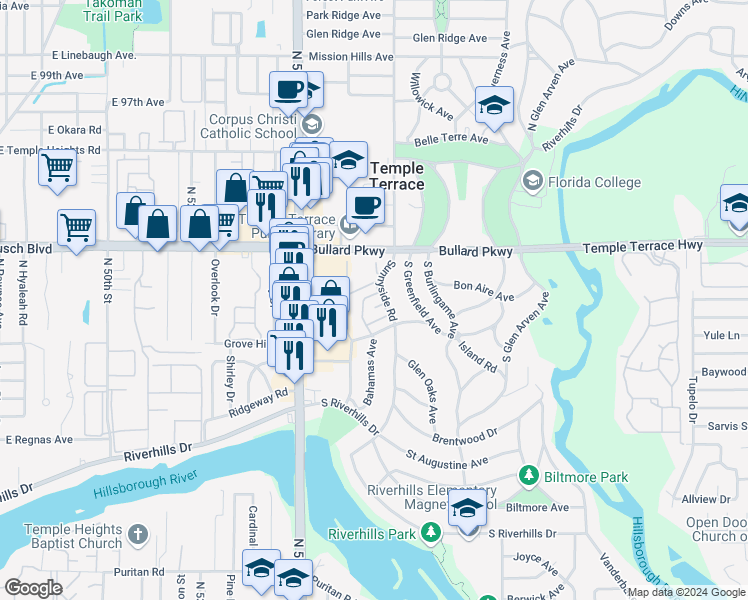 map of restaurants, bars, coffee shops, grocery stores, and more near 105 Sunnyside Road in Temple Terrace